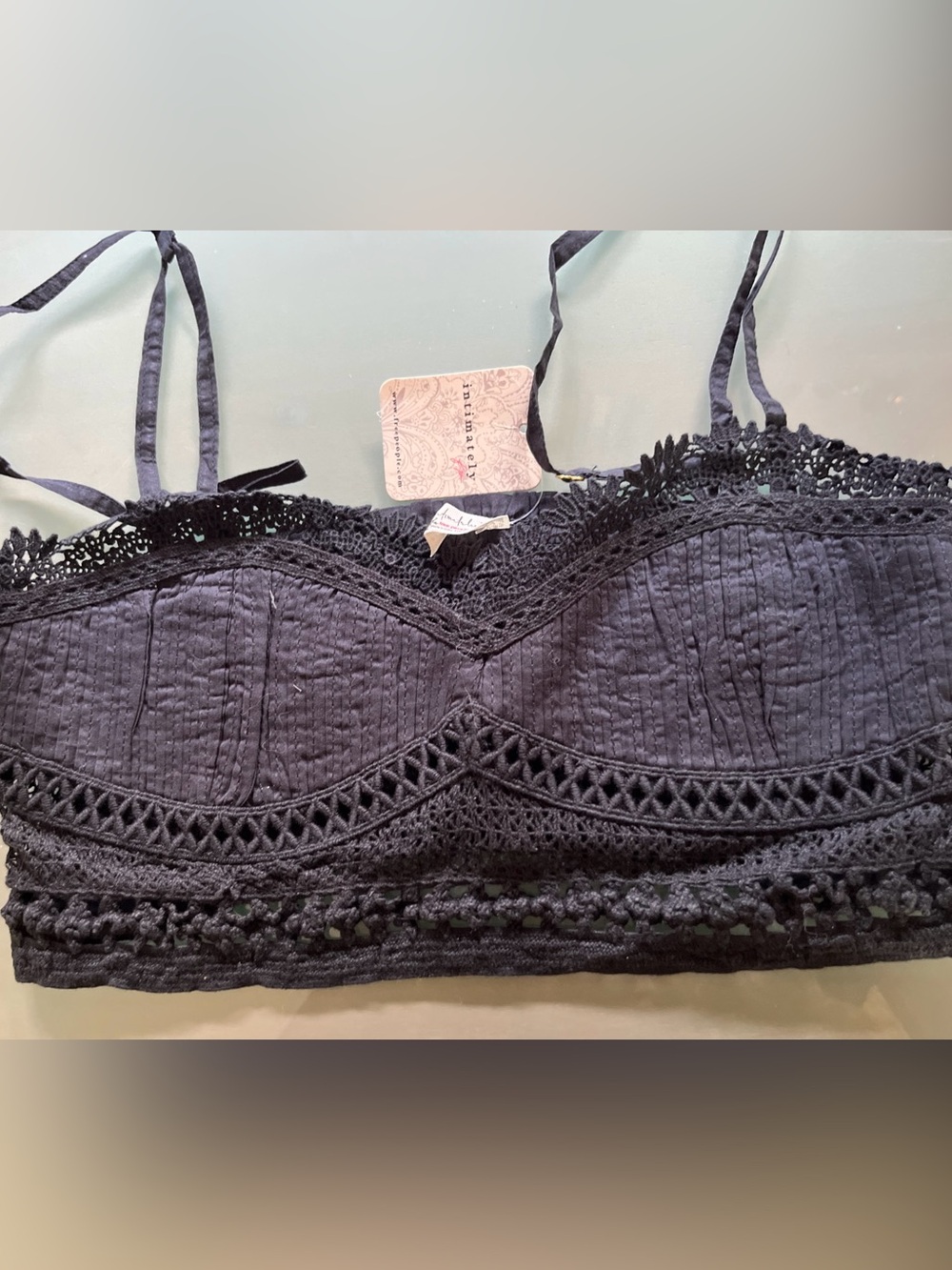 Free People Intimately Tallulah Bralette Black Crochet Lace Smocked Top Small